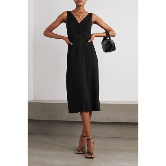 Vince Sz S Black Stretch Crepe Double V Neck Ruched Midi Dress - Picture 6 of 16